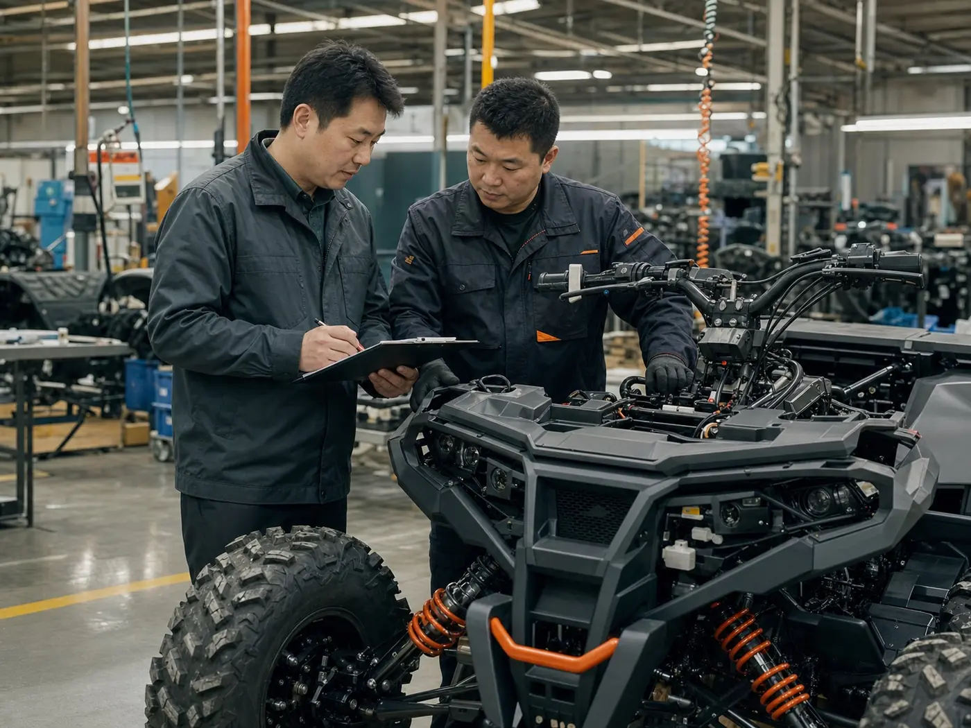 Representative factory team reviewing ATV assembly