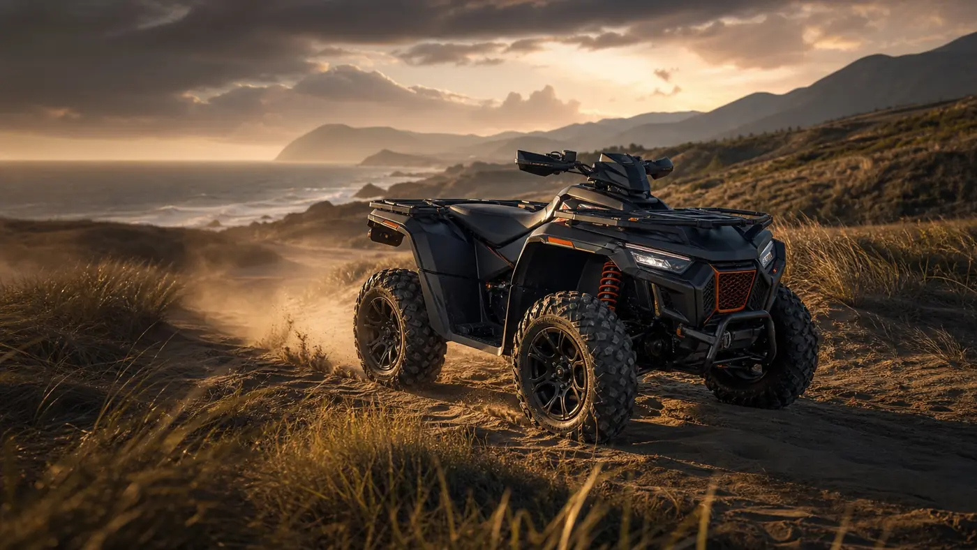 Unbranded ATV crossing coastal sand dunes at sunset